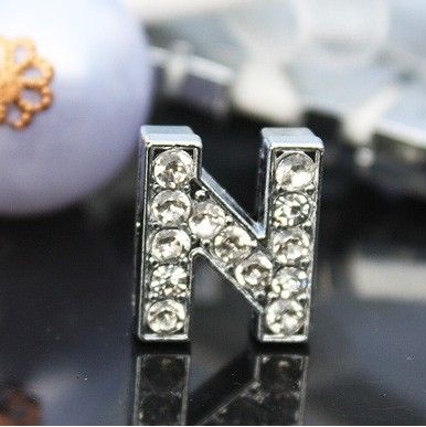

50pcs/lot 10mm N Full Rhinestones Bling Slide Letters DIY Alloy Accessories Fit For 10MM wristband bracelet SL013, Bronze;silver