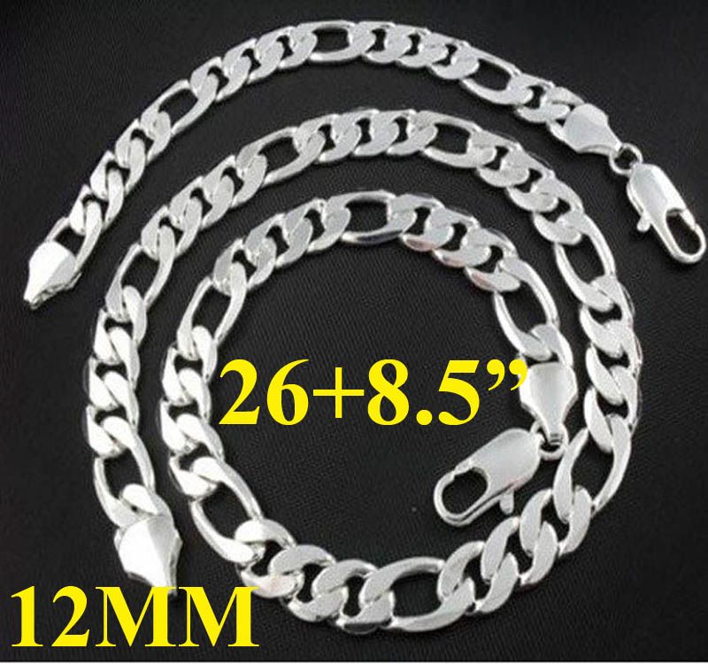 Negrita joyería de los hombres 925 plata 12 mm ensanchada Figaro cadena collar (26 pulgadas) pulsera (8.5 pulgadas) 2sets + caja