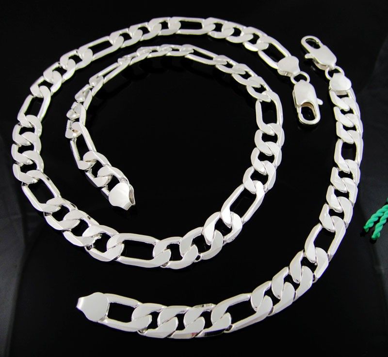 Cool Men's jewelry 925 Silver 12mm Figaro Chains Necklace & Bracelet jewelry set 24+8.5inch 