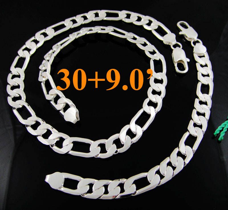 cool 925 Silver Men039S 12mm Flat Figaro Chains Necklae Armband Smycken Set 4 Val8254965