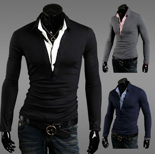 Formal Long Sleeve Lapel Mens T Shirts Cotton Fake Two Shirts Slim ...