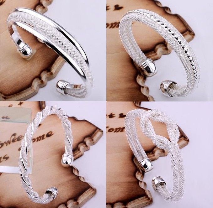 

Promotion Fashion 4 Kinds Women's 925 Silver Bangle Bracelets Jewelry Mix 4 Style 925 Silver Shining Women's Bangle Bracelets 20pcs/lot, Black