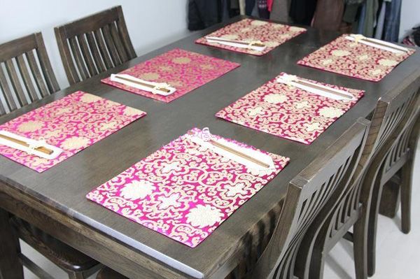 2019 Luxury Flower Chinese Silk 6 Placemat Set Rectangle Dining
