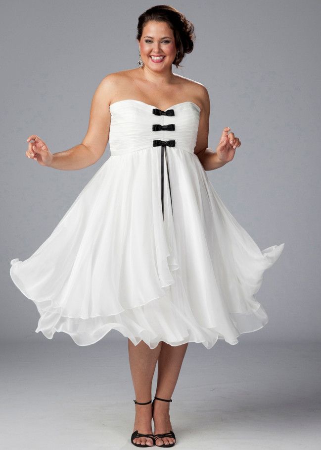 Custom White Plus Size Dresses With Black Bow Strapless Ruffled Chiffon ...