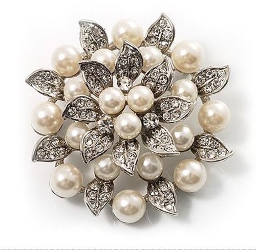 Silverpläterad Rhinestone Crystal Cream Pearl Leaf Lotus Flower Bridal Brosch Pin