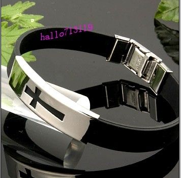 

24PCS Black CROSS stainless steel Silicone bracelets Men Women Fashion wristbands Wholesale Jesus Jewelry Xmas Gift Favor, Golden;silver