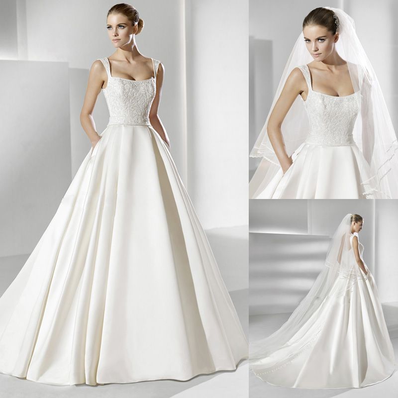 DiscountOff Shoulder Beads A Line Satin Ivory Bridal Gowns With Pocket