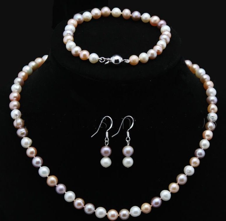 

pearl jewelry set 7-8mm multicolor cultured akoya pearl necklace 17-18inches bracelets 7-7.5inches earrings, Mixed colors