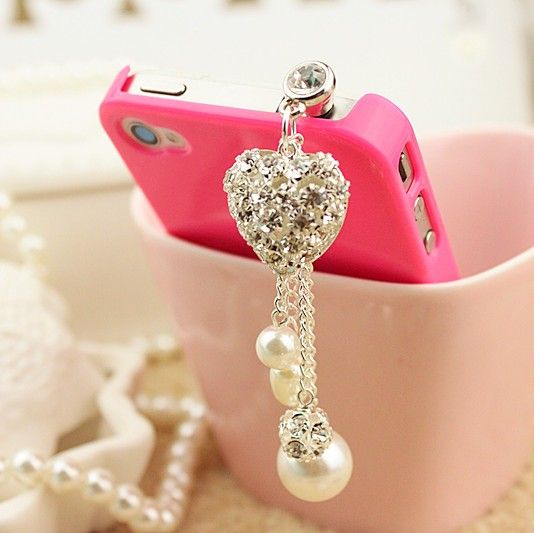 Alloy Love Heart Cell Phone Anti Dust Plug Artificial Pearls Diamond Dustproof Plug Crystal Ear