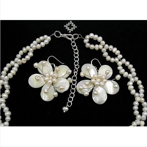 Bijoux de mariage naturel nacre Shell collier de boucles d'oreilles de perles d'eau douce collier 16 ''