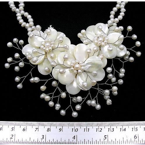 Joyería de la boda Natural Madre de perla de concha de agua dulce Collar de perlas flor pendiente 16 ''