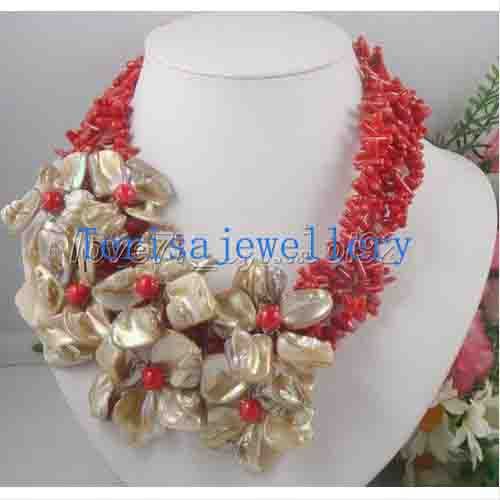 Потрясающие коралловые ювелирные изделия набор 3Rows красный коралловый белый оболочки цветок ожерелье серьги новая бесплатная доставка