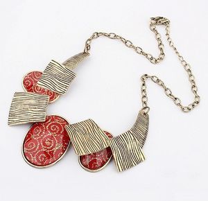 Choker Necklace Fashion Bronze Tone Metal Wire Print Ellipse Resin Gem women's jewelry