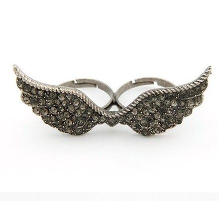 

New Vintage Style Silver Bronze Rhinestone Angel Wing Double Finger Ring 1pcs/lot unisex Fashion jewelry