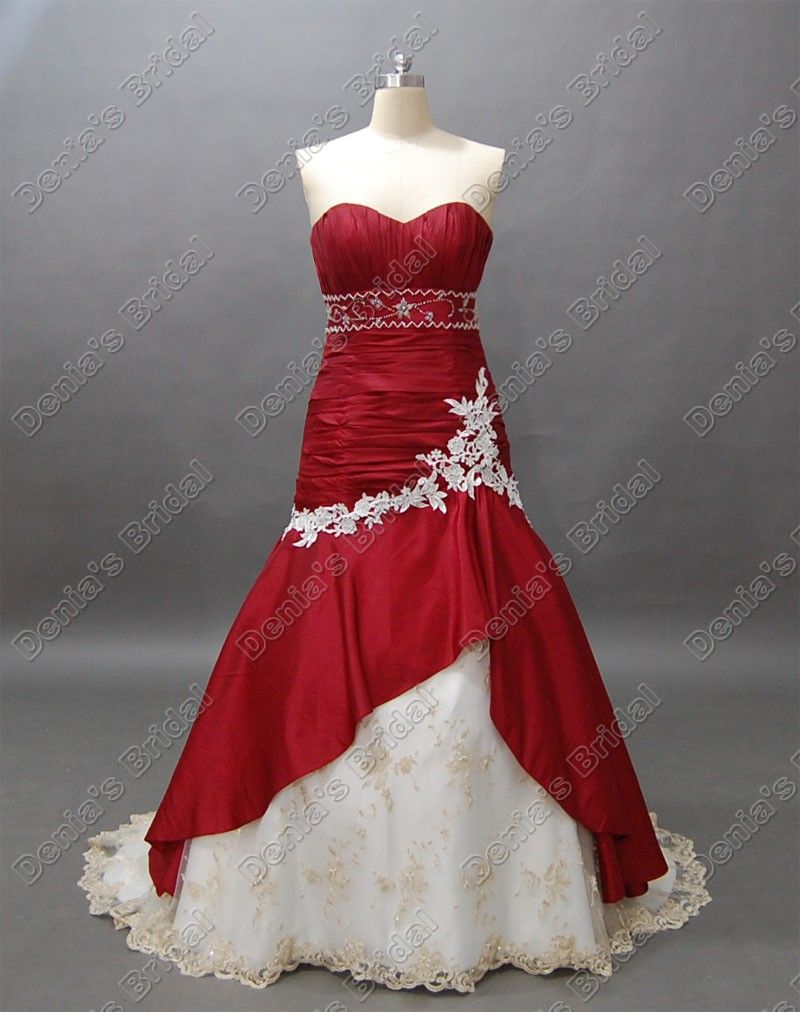 white wedding dress with red accents