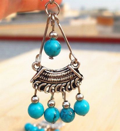 Hot vintage handgjorda tibetanska silver turkos pärlor tofs pendant örhänge stiliga kvinnor xms gåva / mycket