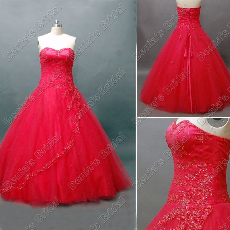 Red Ball Gown Quinceanera Debutante Dress Beaded Lace Accent Floor
