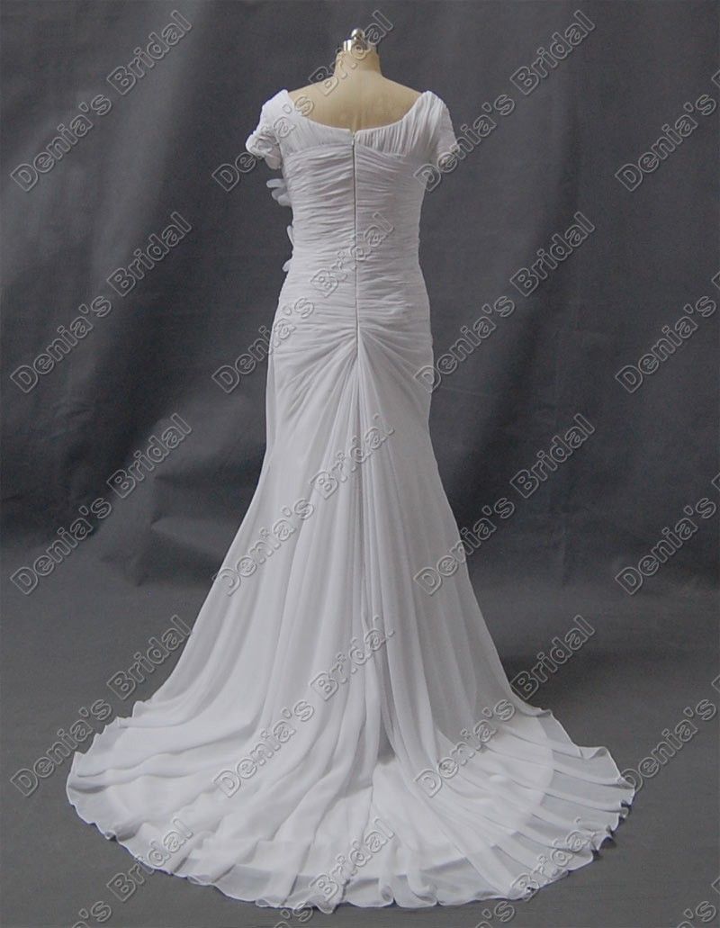 Modest Short Sleeve Wedding Dress Sheath Square Neckline Ruched 3D Flowers Beaded Court Train DB338436113