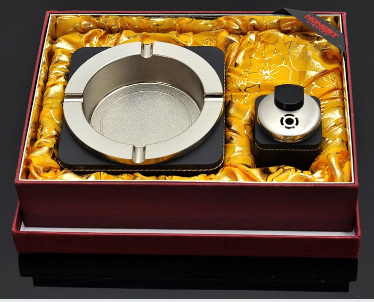 Leather Boss Ashtray Lighter Set Luxury European Style Metal Ashtray Stainless Steel Ashtrays