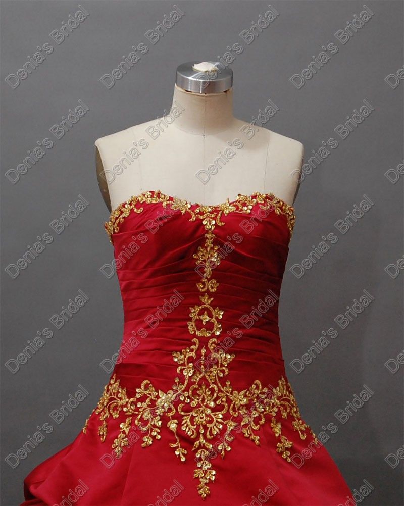 2015 Jul Luxury Red Wedding Ball Gowns Preats Ruching med guldfärg Broderier Faktiska Real Images DB62
