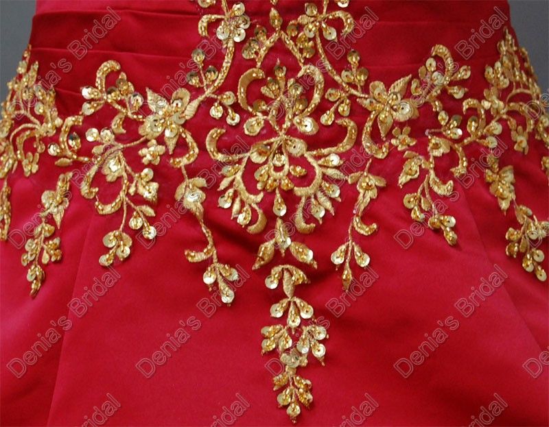 2015 Jul Luxury Red Wedding Ball Gowns Preats Ruching med guldfärg Broderier Faktiska Real Images DB62