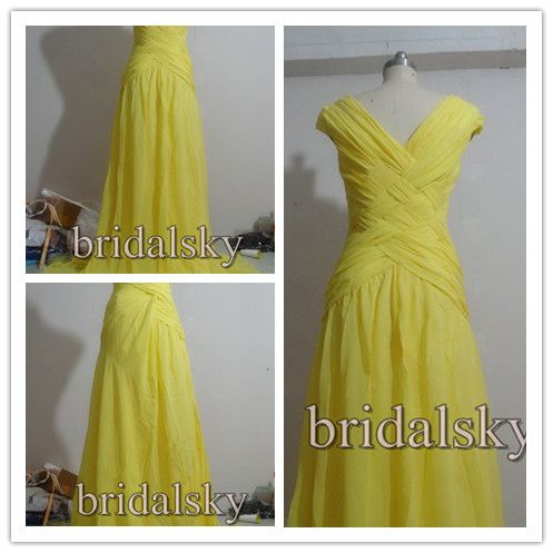 Yellow ACTUAL IMAGES Cap Sleeves Pleated V Neck Column Sweep Train Prom ...