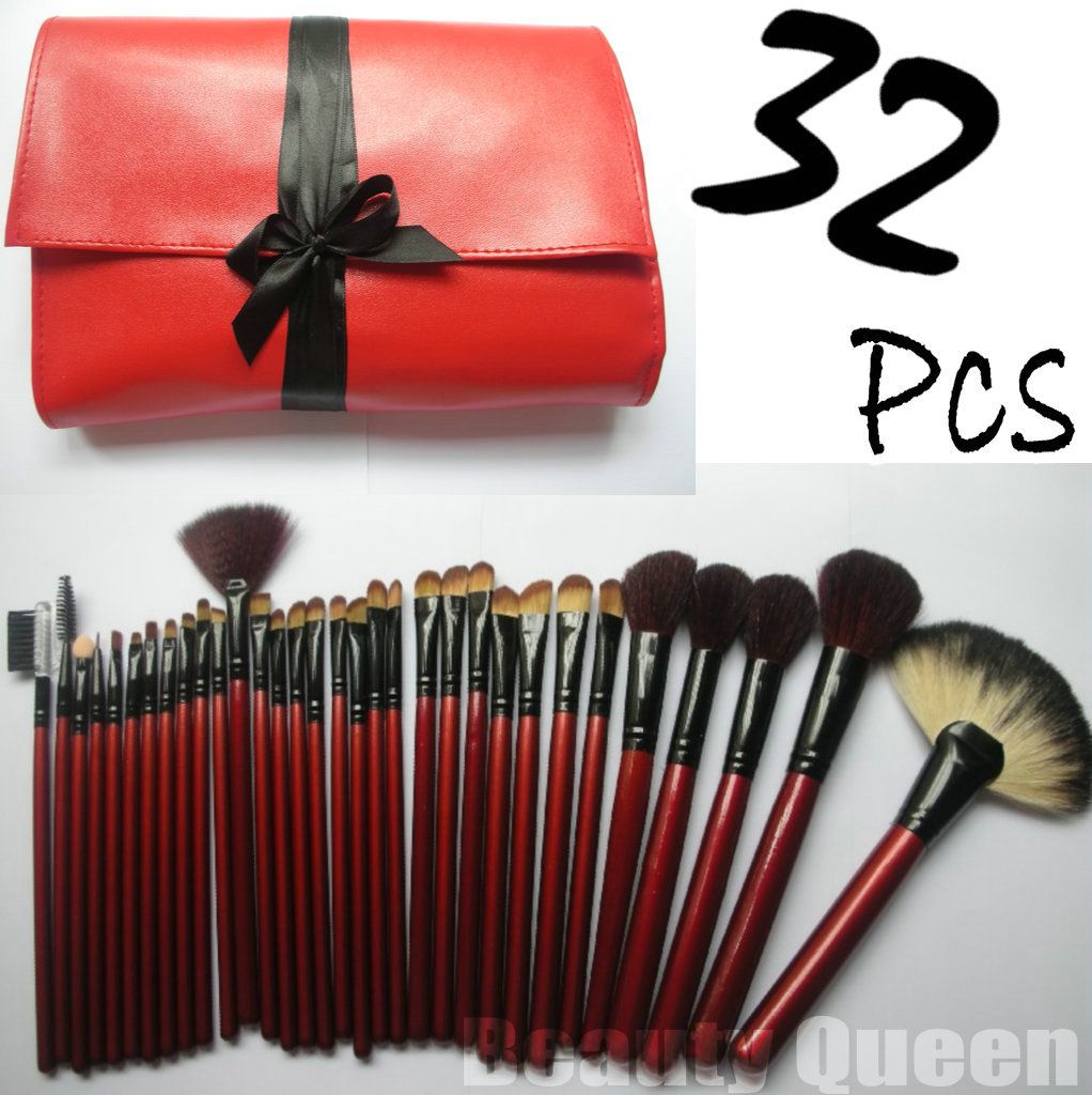 32pcs Escovas profissionais da composição bolsa Cosmetic Set alta qualidade CABRA cabelo vermelho Bag Couro NOVO