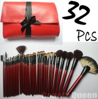 32pcs de maquillage professionnel pinceaux cosmétiques Set de haute qualité Sac rouge CHEVEUX GOAT cuir Housse NOUVEAU