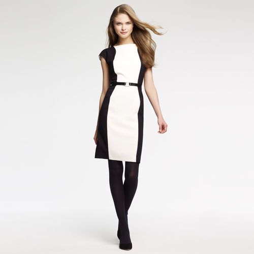 Black and white work dress The asymmetrical black, blue and white panels on this blue dress (top right) sculpts your bust and gives it more shape. Here’s a look at a few more of the latest color block dresses for women and what they can do for you.