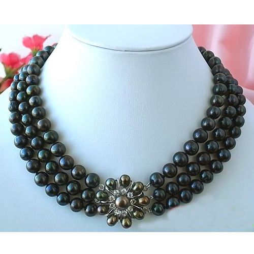 New Arrive 3Row AA9-10MM Black Round Freshwater Pearl Necklace Flower Clasp Fashion Pearl Jewelry