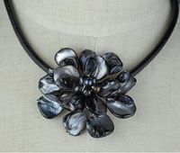Wholesale New Arrive Amazing Black Sea Shell Pearl amp Leather Necklace Fashion Shell Flower Jewelry Free Ship