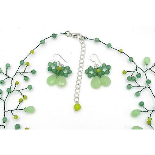 Nouveau Arrivée Amazing Vert Vert Jade Crystal Perles De Collier Fleur Collier Boucle d'oreilles Ensemble de bijoux 19 pouces