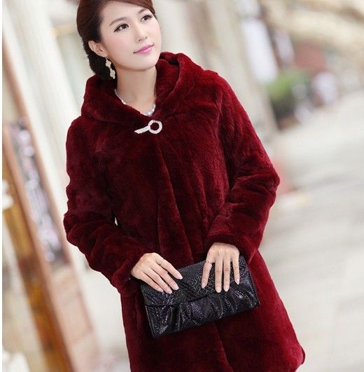 Super Warm Thick Red Beige Rabbit Fur Coat Long Winter Fur Outwear With