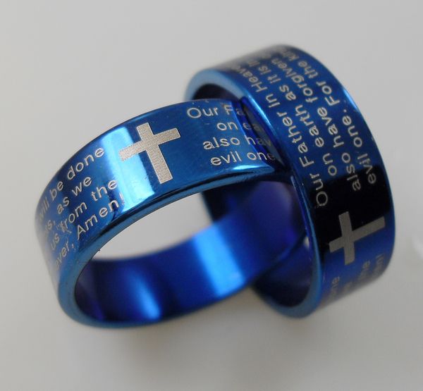 

Wholesale 25pcs Mens BLUE English Lord's prayer Cross rings stainless steel rings Jewelry lots FREE SHIPPING