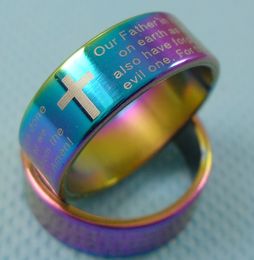 25pcs English Lord's prayer Cross rings Mens RAINBOW stainless steel Jewelry lots FREE SHIPPING