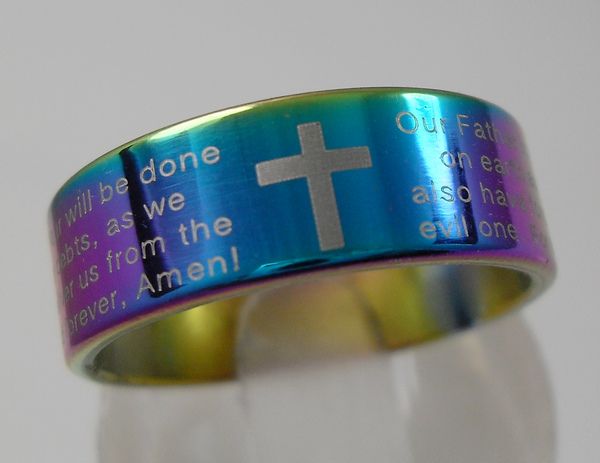 English Lord's prayer Cross rings Mens RAINBOW stainless steel Jewelry 