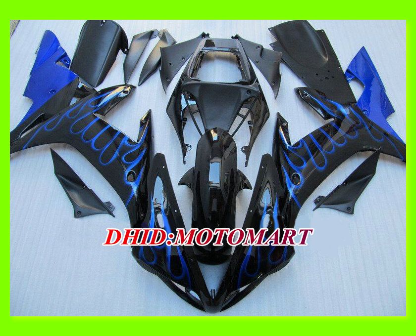 Blue Flames Black Fairings Set för Yamaha YZFR1 02 03 YZF R1 2002 2003 YZF-R1 02-03 R1 Custom Accepter