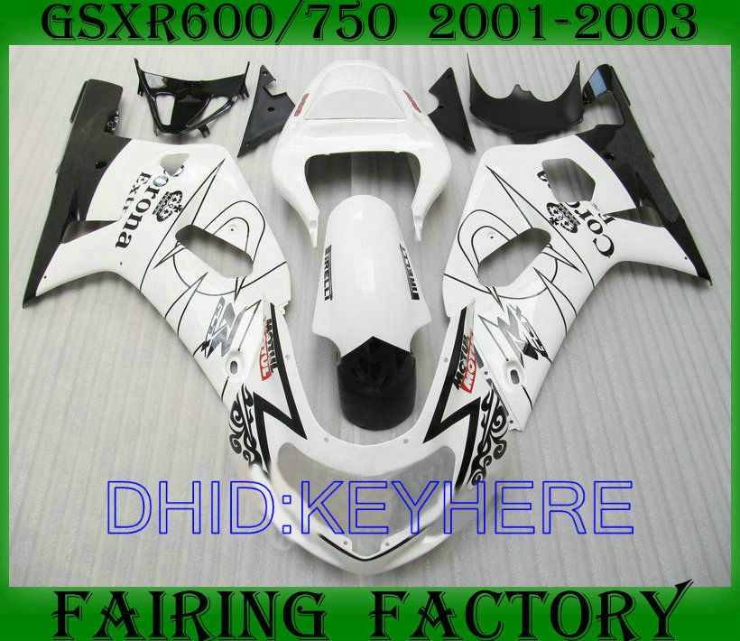 Vit Corona Fairing för Suzuki GSXR 600 750 2001 2002 2003 GSXR600 GSXR750 01 02 03 Fairings Kit