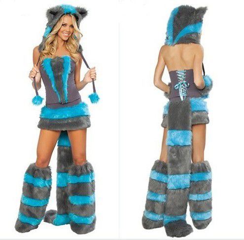 Sexy Furry Fasching Wolf Cat Girl Disfraz de Halloween Cosplay Fiesta de disfraces Sombrero Pierna Conjunto Coatee Falda Conjunto completo Navidad