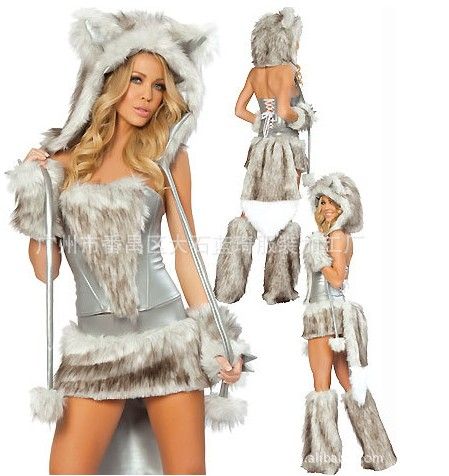 Neueste Sexy Pelzigen Fasching Wolf Katze Mädchen Halloween Kostüm Cosplay Phantasie Party Kleider Komplette Set Weihnachten party kleidung geschenk
