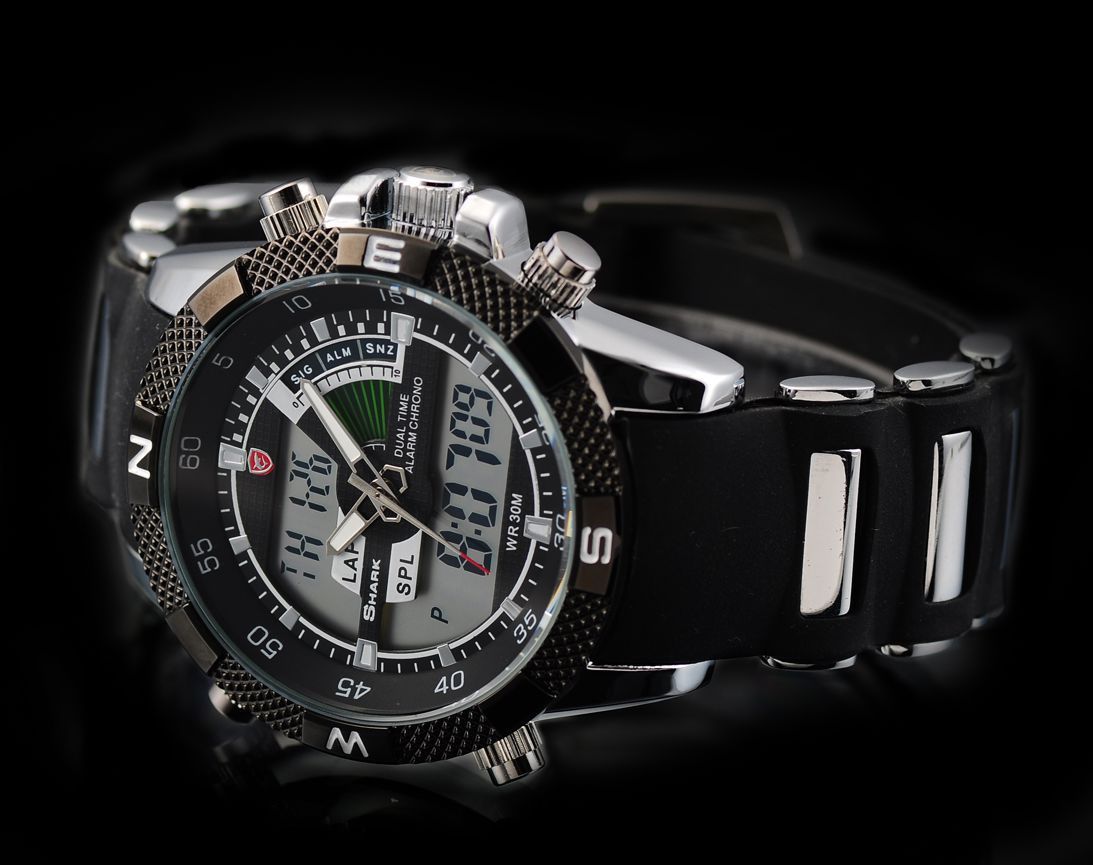 Mens SHARK Watch LCD Digital Analog Dual Time Quartz Sport Rubber Band