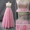 2017 Sweetheart Pink Prom Klänningar Satin Beaded Upper Rosettes Kjol Real Faktiska Bilder Kväll Party Gowns DB252