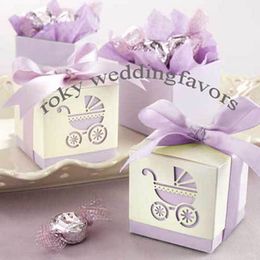 Free Shipping 50PCS Baby's Day Out Laser-Cut Carriage Candy Boxes with Satin Ribbon BABY SHOWER Party Favours Boxes