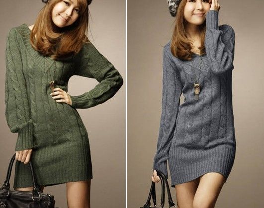 Grey Blue Black Green Fashion Pullover Solid Sweater Dresses For Women ...