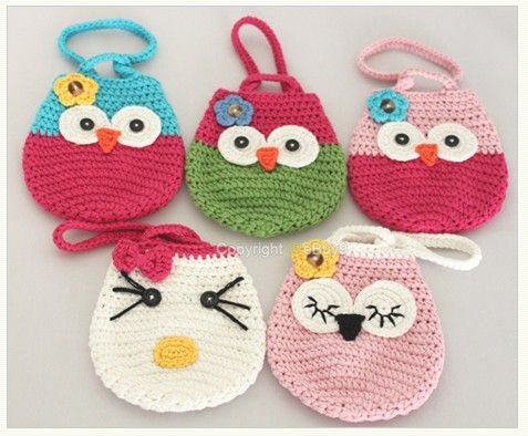 Girl Kids Handmade Crochet Cute Owl /Cat Handbag Purse Wallet Bag By EMS Man Purse Leather ...