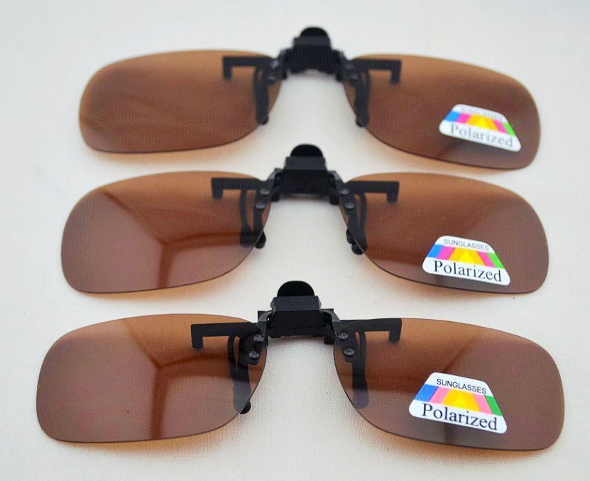 Brown Polarized Clip On Flip Up Plastic Sunglasses, Day Vision Clip Up