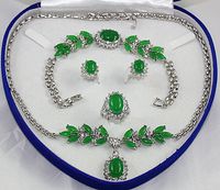 Green blue Jade Crystal silver Necklace Bracelet Earring Rin...