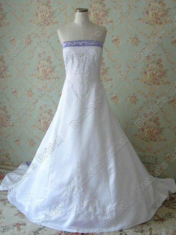 2017 strapless a linha de vestidos de casamento bordado marfim branco de cetim roxo pescoço fita real imagens vestidos de noiva DB268
