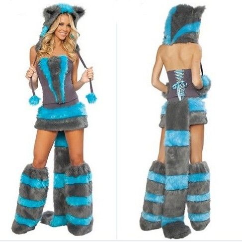 

Sexy Furry Fasching Wolf Cat Cat Costume Cosplay Fancy Halloween Party makeup dress Coatee big tail Skirt gloves cap Full Set Christmas gift, Blue