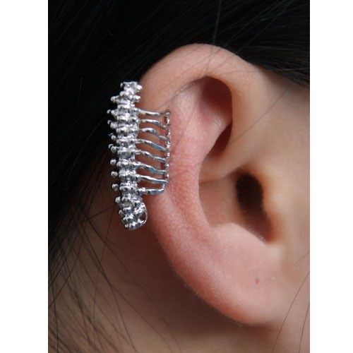 PAIR SILVER CLAMP-ON SKELETON EAR CUFFS earrings spine vertebrae ribcage goth PAIR SILVER CLAMP-ON SKELETON EAR CUFFS earrings spine vertebrae ribcage goth
